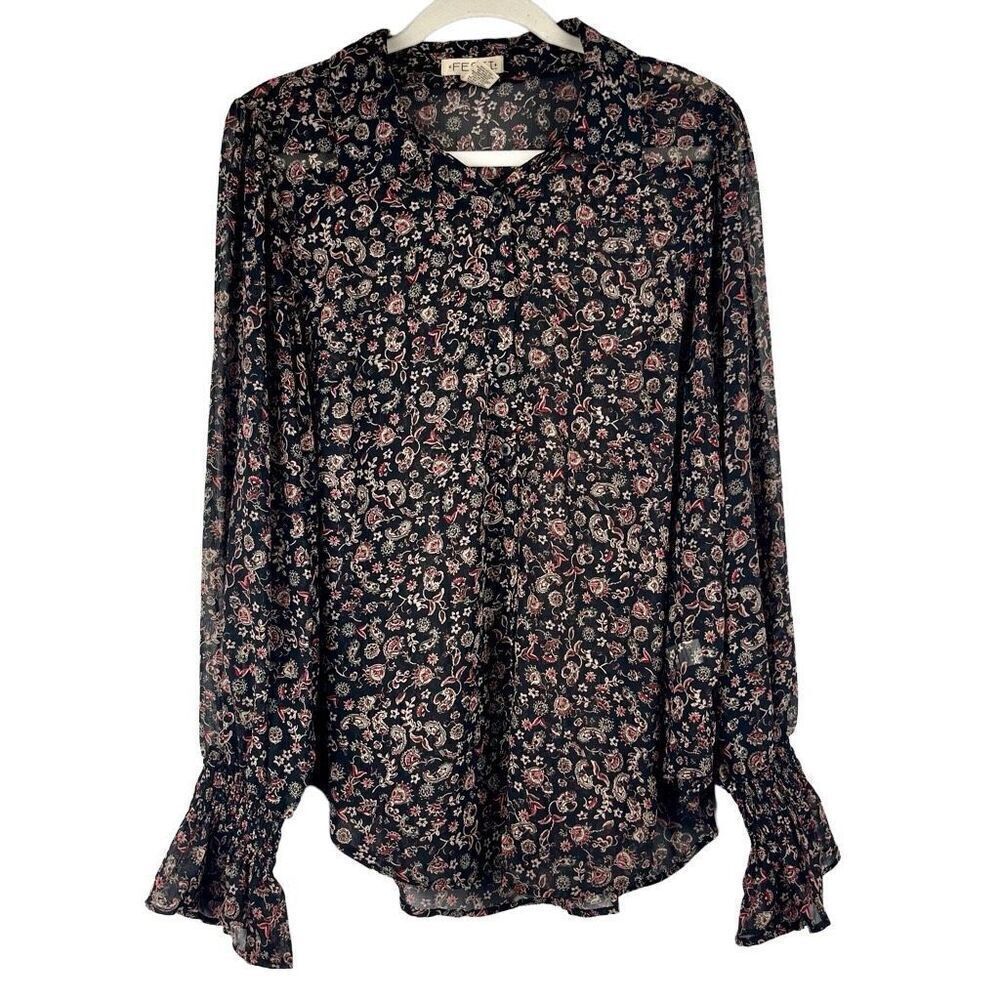 Festi Women Button Up Sheer Floral Paisley Blouse 1 14/16